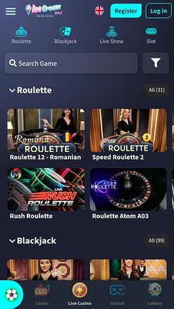 Мобильная страница казино IceCreamBet с живыми дилерами