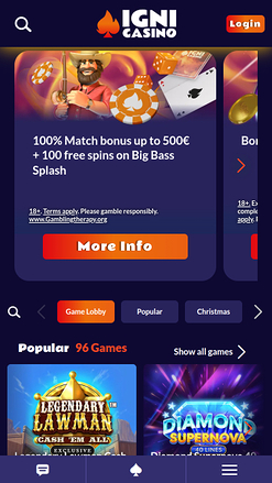Домашняя страница мобильного казино Igni