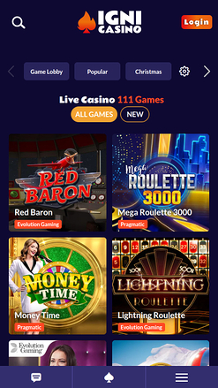Igni Casino Mobile с живым дилером