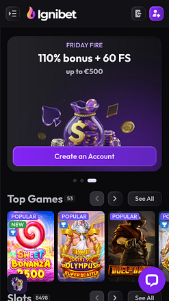Page d'accueil mobile du casino Ignibet