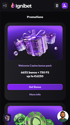Screenshot der Werbeaktionen von Ignibet Casino für Mobilgeräte