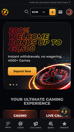 Homepage mobile di Instant Casino