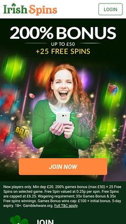 Página de inicio móvil de Irish Spins Casino