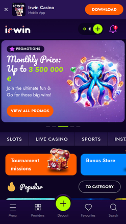 Homepage mobile di Irwin Casino