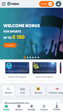 Page d'accueil mobile du casino Ivibet