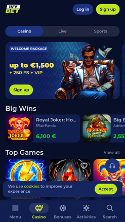 Мобильная версия сайта казино Ivybet