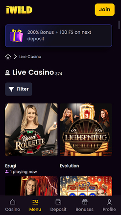Jeux avec croupier en direct iWild Casino version mobile
