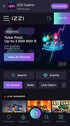 Page d'accueil mobile du casino Izzi