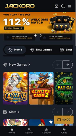 Page d'accueil mobile du Jackoro Casino