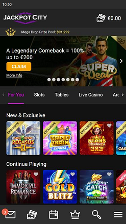 Домашняя страница мобильного приложения казино Jackpot City