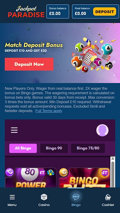Bingo mobile du casino Jackpot Paradise