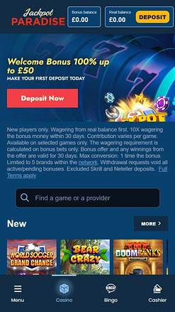 Page d'accueil mobile du casino Jackpot Paradise
