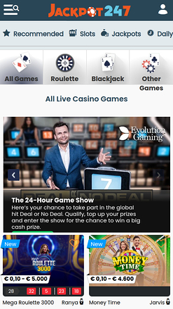 Jackpot247 Casino avec croupier en direct sur mobile