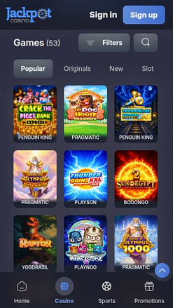 Captura de pantalla de la página móvil de juegos de Jackpot Casino