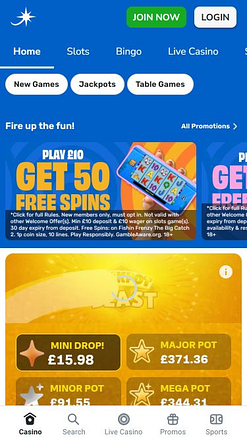 Page d'accueil mobile du casino Jackpotjoy