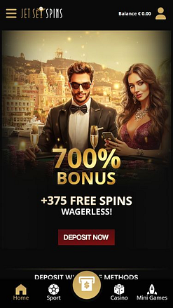 Page d'accueil mobile du casino JetSetSpins