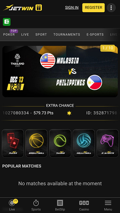 Page d'accueil mobile du casino Jetwin