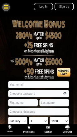 Página de inicio móvil del Jupiter Club Casino