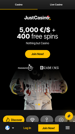 Page d'accueil mobile de JustCasino
