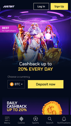 JustBit Casino Mobile Homepage