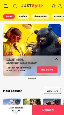 Page d'accueil mobile du casino Justspin