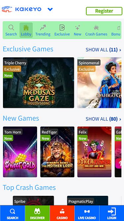 Home page mobile del casinò KaKeYo