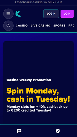 Page d’accueil du Karamba Casino Mobile