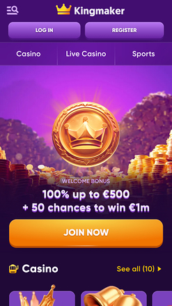 Page d'accueil mobile du casino Kingmaker