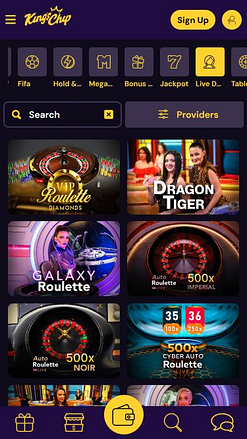Casino mobile King's Chip avec croupier en direct