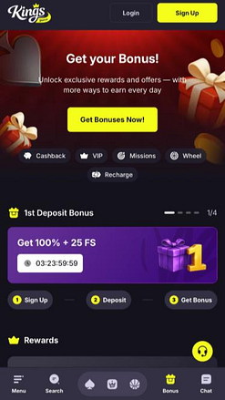 Page mobile des promotions de Kings Game Casino