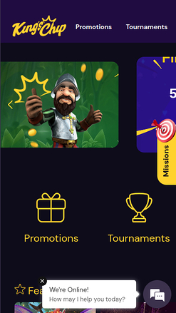 Screenshot della homepage di King's Chip Casino per dispositivi mobili