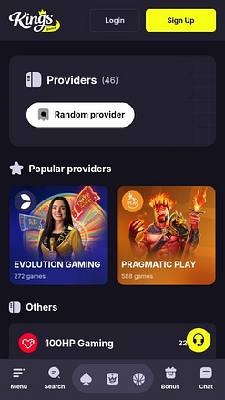 Page mobile des développeurs de jeux de casino Kings Game