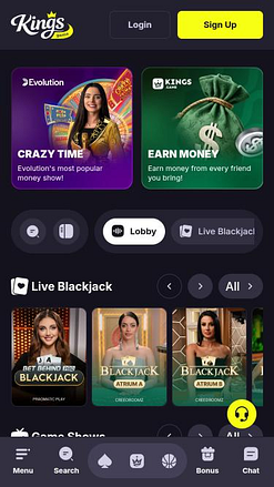 Page mobile du casino Kings Game avec croupiers en direct