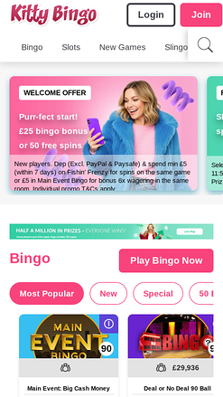 Homepage di Kitty Bingo Mobile