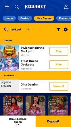 Jackpot móvil del casino KodaBet