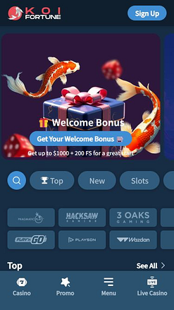 Page d'accueil mobile du casino KoiFortune