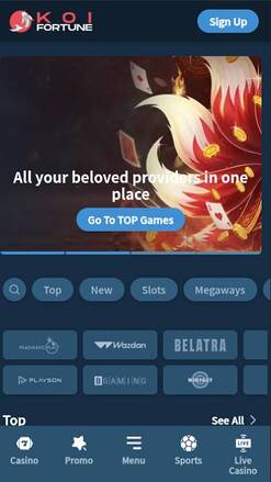 Скриншот главной страницы мобильного приложения казино KoiFortune