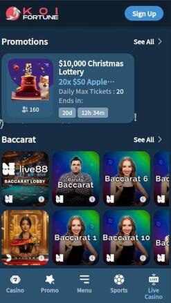 Скриншот мобильной страницы казино KoiFortune с играми в режиме реального времени.