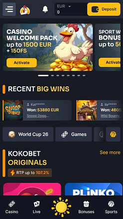 Homepage mobile del casinò Koko.bet