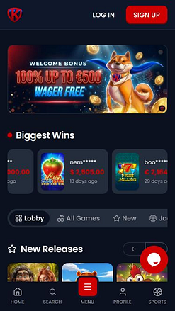 Page d'accueil mobile du casino Kryptosino