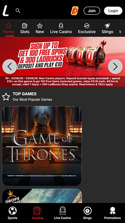 Homepage mobile del casinò Ladbrokes