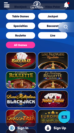 Jeux mobiles du casino Las Atlantis