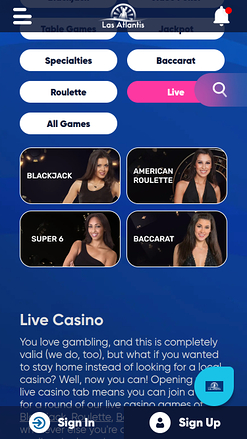 Casino mobile Las Atlantis avec croupier en direct