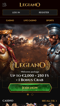 Page d'accueil mobile du casino Legiano