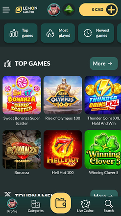 Главная страница мобильного приложения Lemon Casino