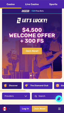 Page d'accueil mobile de Lets Lucky Casino