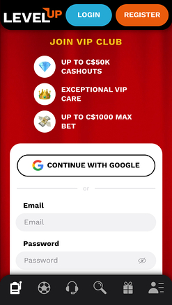 Levelup Casino Mobile Homepage