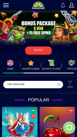 Page d'accueil mobile du casino Limewin