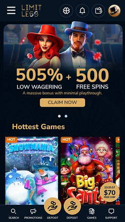 Главная страница мобильного приложения Limitless Casino