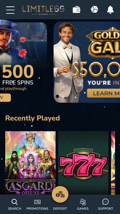 Page d'accueil mobile de Limitless Casino